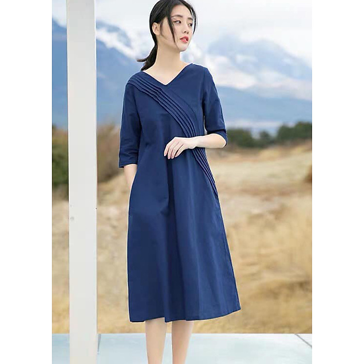 Đầm suông dáng chữ A cổ V tay lỡ xanh than, chất thô mềm mát, thời trang phong cách Hàn Quốc