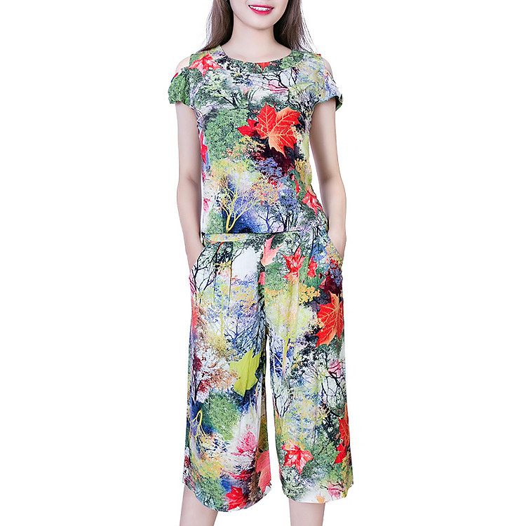 Bộ mặc nhà lanh (tole) Vicci BSTX.075.1 vải xước cao cấp quần ống sớ trẻ họa tiết lá phong