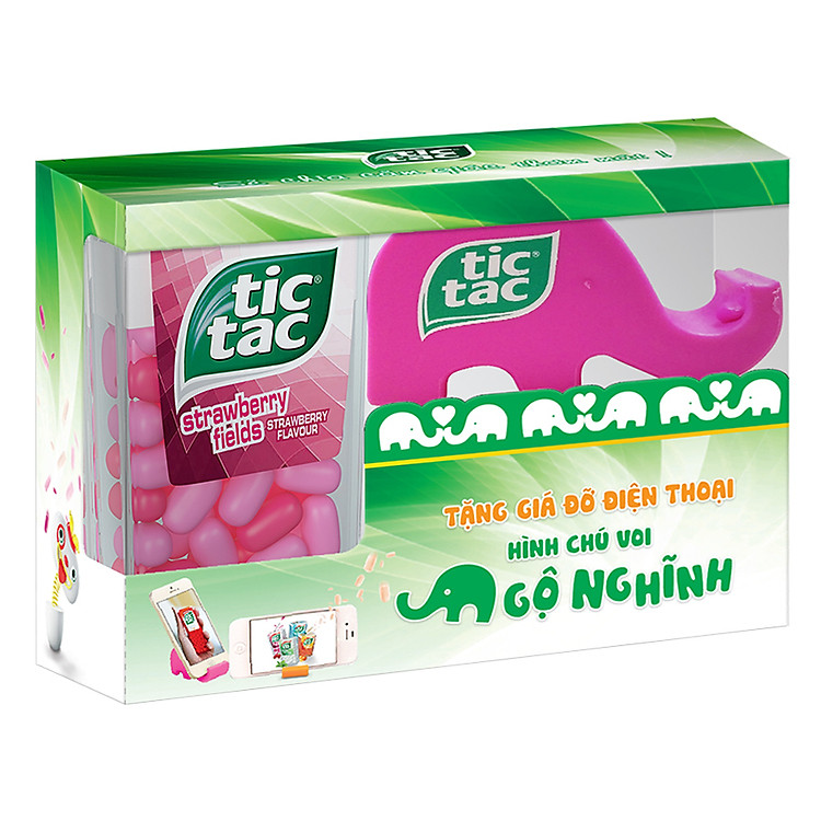 Combo 3 Hộp Kẹo Tic Tac Hương Dâu Và Dâu Bạc Hà - Tặng Giá Đỡ Điện Thoại Con Voi (Giao Mẫu Ngầu Nhiên)