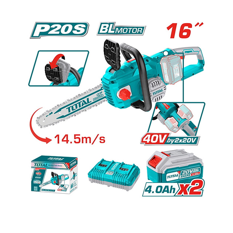 MÁY CƯA XÍCH KHÔNG CHỔI THAN DÙNG PIN 40V (1 pin 4.0AH +sạc kép ) TOTAL TGSLI401682 - HÀNG CHÍNH HÃNG