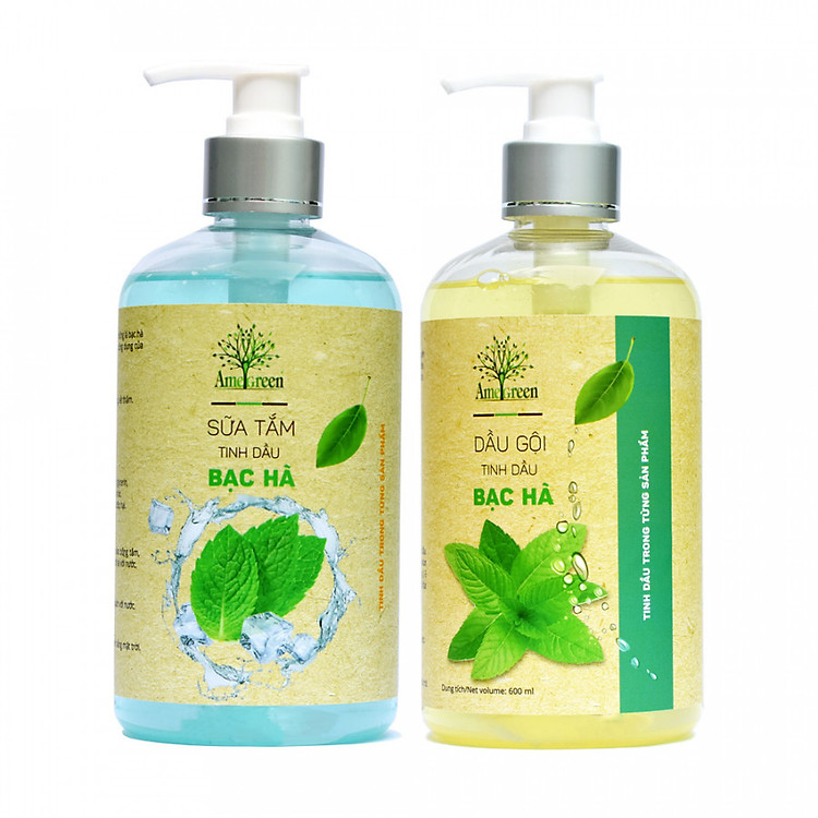 Bộ AmeGreen: Dầu Gội Tinh Dầu Bạc Hà (600ml) & Sữa Tắm Bạc Hà 600ml)