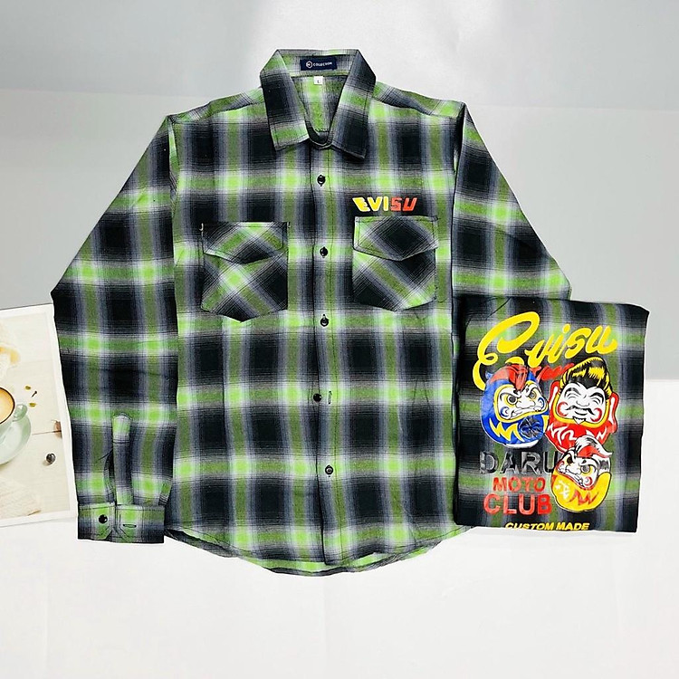 (HCM) ÁO SƠ MI NAM CARO TAY DÀI LOGO THÊU EVISU MOTO CLUB HOTTREND THỜITRANG NAM 1986