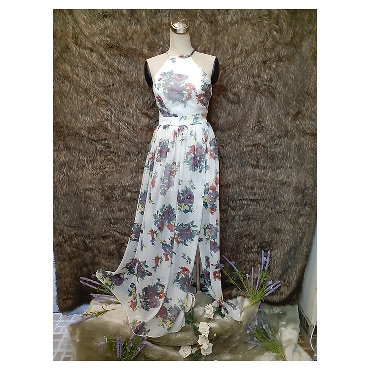 Set Maxi hoa cổ yếm chẻ tà thiết kế sang chảnh