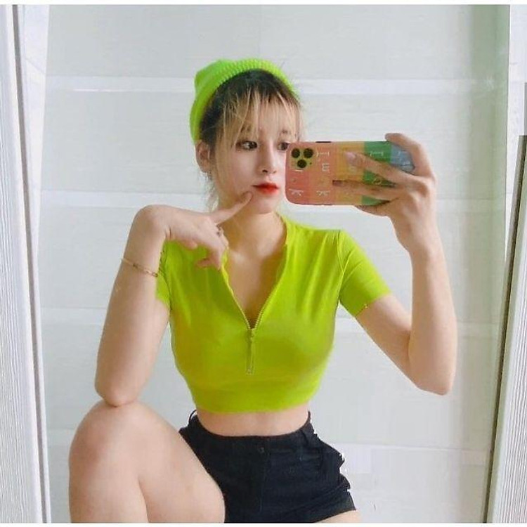 Áo thun croptop cổ bẻ kéo khóa JOY BABE thun xịn co giãn 4 chiều crop polo trơn basic cam xanh lá sáng da CRON 14 -4E