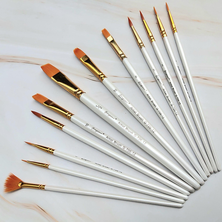 Bộ Cọ 12 Cây Chuyên Dụng Giorgione Tô Vẽ Tranh Sơn Dầu, Màu Nước, Màu Acrylic - Màu Trắng
