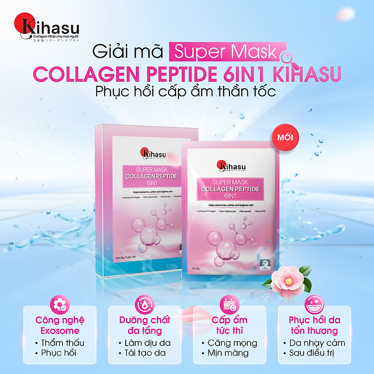 Mặt Nạ Collagen Peptide 6in1 Kihasu Công Nghệ Nhật Bản Dưỡng Ẩm Sâu, Phục Hồi, Trẻ Hóa, Sáng Da