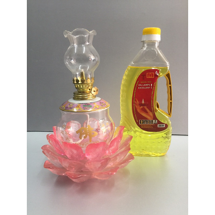 Đèn thờ đốt dầu đế sen ( tặng 1 chai dầu 1 lít )