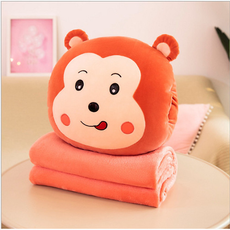 GỐI MỀN 3 in 1 hình thú cute Khỉ Ếch Thỏ Sư tử, thun 4 chiều siêu mịn, bộ chăn gối văn phòng tặng gương mini