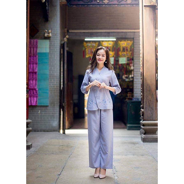 Áo Lam Đi Chùa - Vạt Chéo Thêu Gấu Màu Xanh Lam