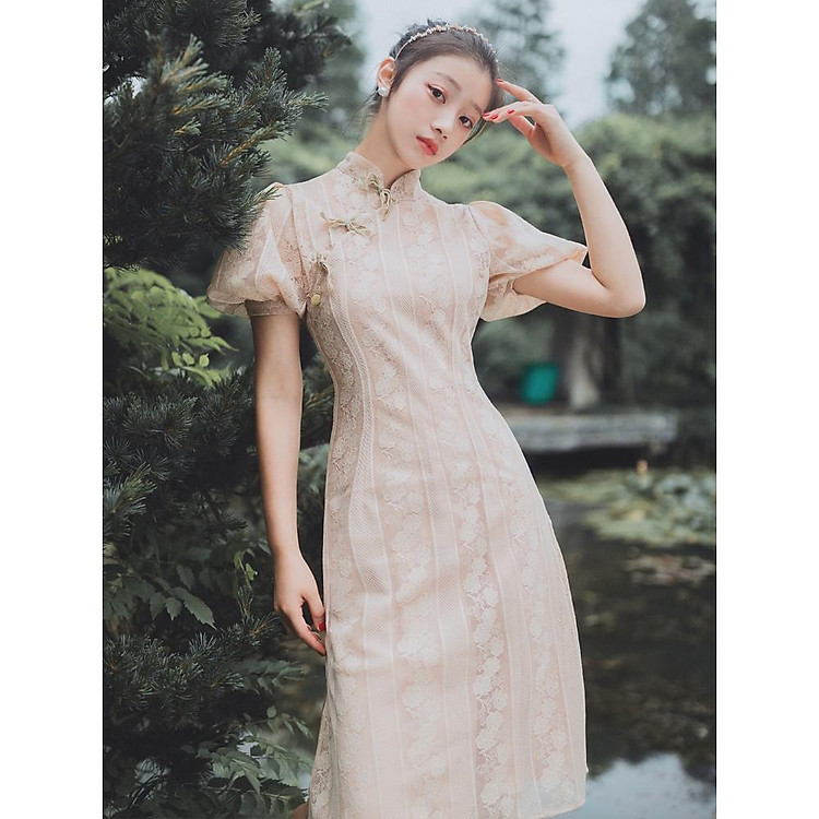 Sườn xám cách tân dáng dài xẻ tà Vintage tay ngắn phồng quý phái sang trọng dự tiệc hàng chuẩn Quảng ẢNH THẬT CUỐI châu