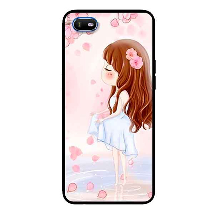 Ốp Lưng in cho Oppo A1K Mẫu Cô Gái Váy Trắng Nền Hoa Đào - Hàng Chính Hãng