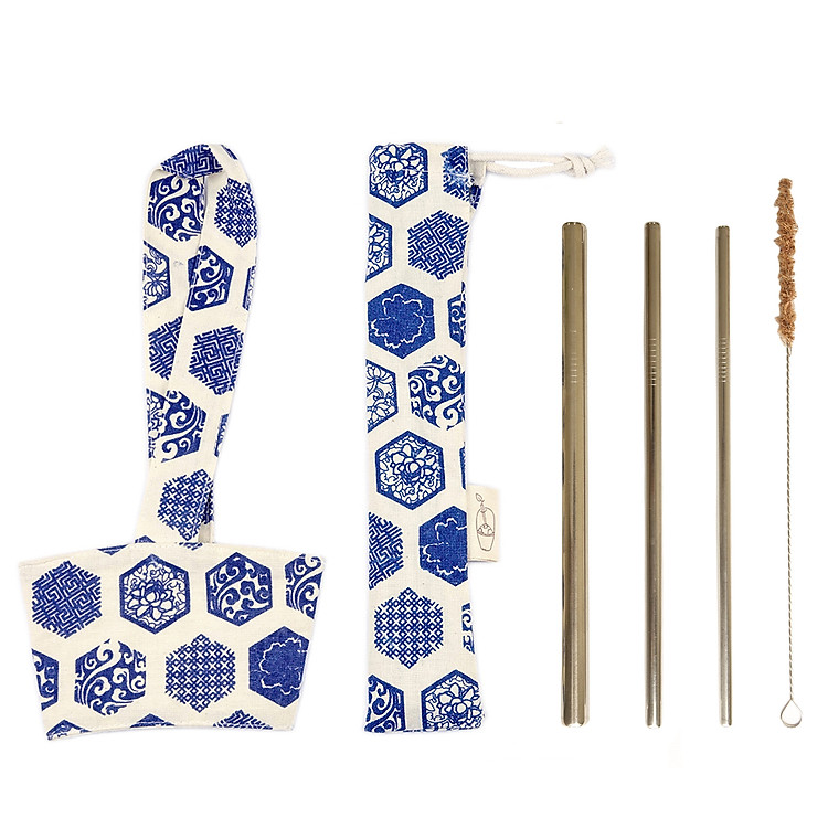Combo Bộ 3 Ống hút kim loại Inox, Cọ rửa kim loại, Túi đựng + Quai vải Đựng Ly Tết Xanh