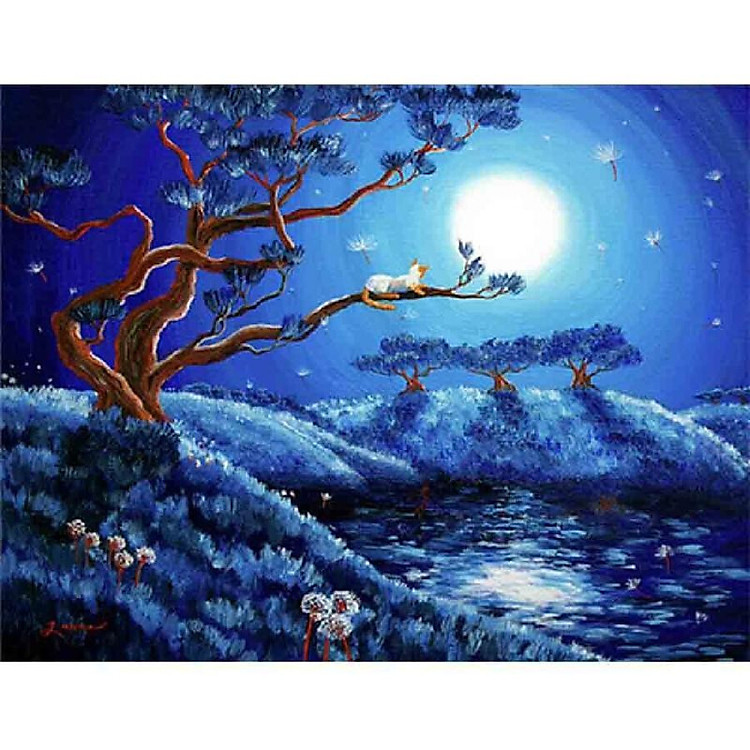 DIY Funny Diamond Painting Moonlight Cat Tree Flowers Cross Stitch Embroidery Resin Mosaic Round Full Diamond 40*30cm