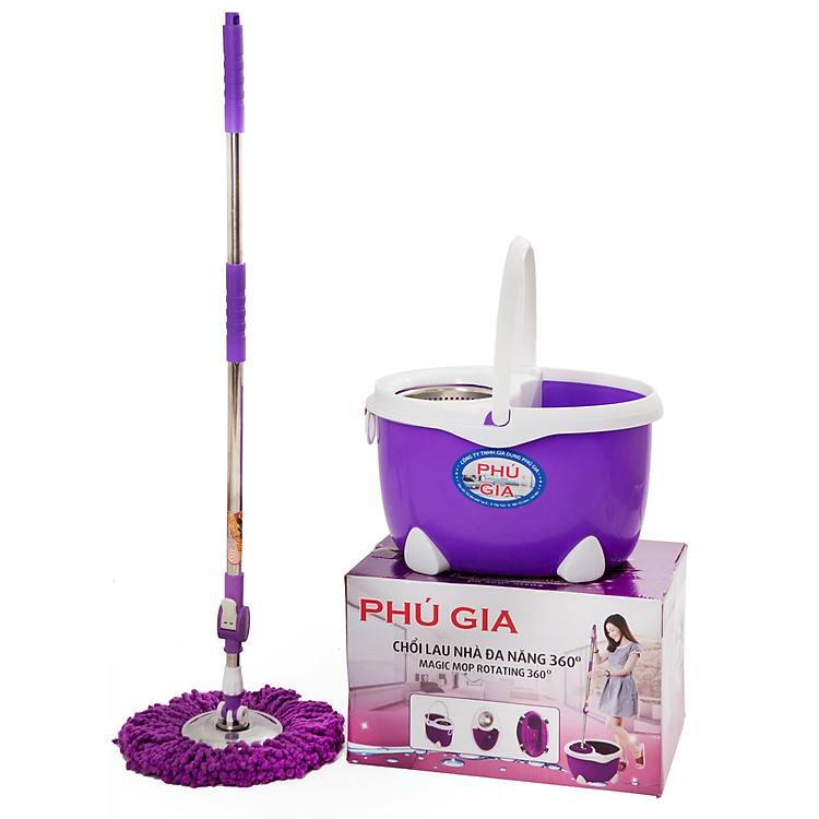 Bộ chổi lau nhà Phú Gia 360 độ. PG360-MS03, Lồng vắt cây lau mâm xoay bằng inox chống gỉ, 02 bông lau cotton, Thùng chứa nước có bánh xe di động