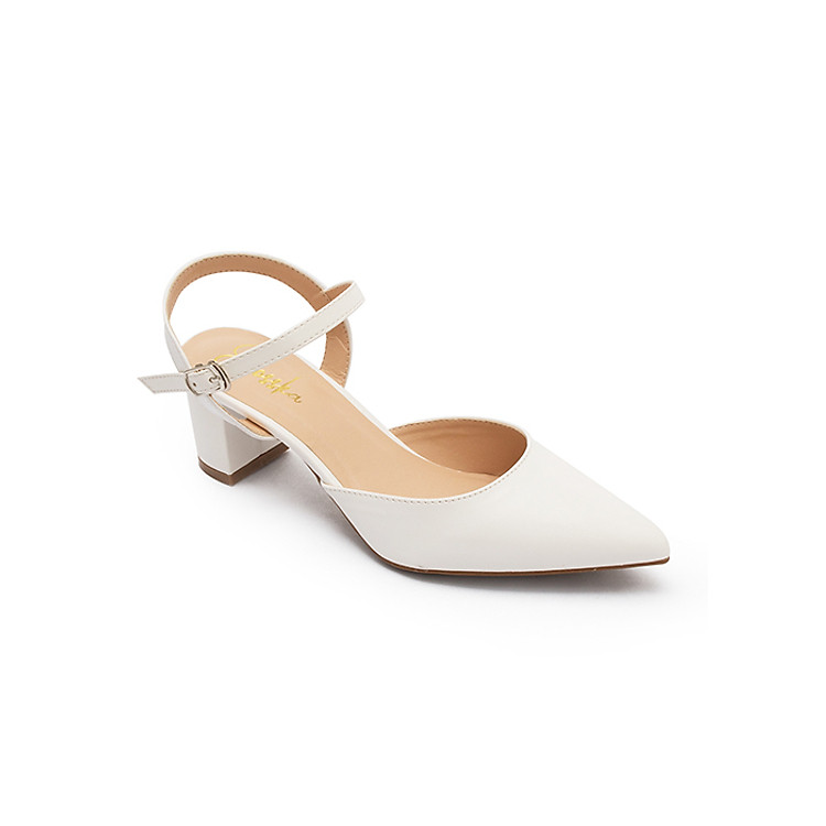 Giày Nữ, Giày Cao Gót Kitten Heels Erosska Mũi Nhọn Phối Dây Hở Gót Cao 5cm _ EK001 Trắng