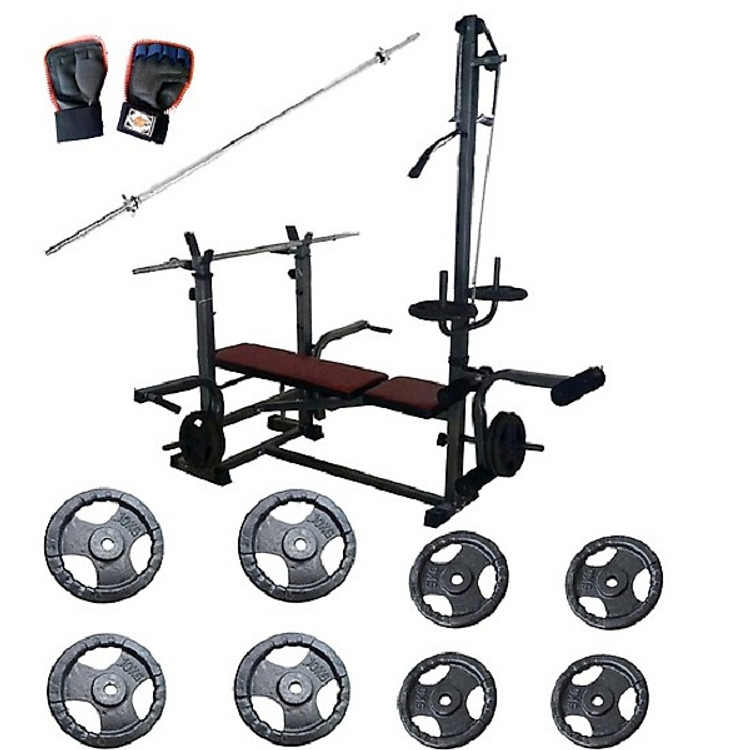 Ghế tập tạ đa năng kèm đòn tạ 1,5m, găng tập tạ và 60kg tạ gang