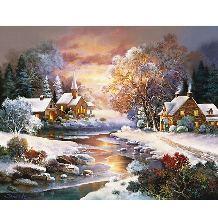 Tranh sơn dầu số hoá tự tô - Hoàng hôn tuyết mùa đông SDHHT00024