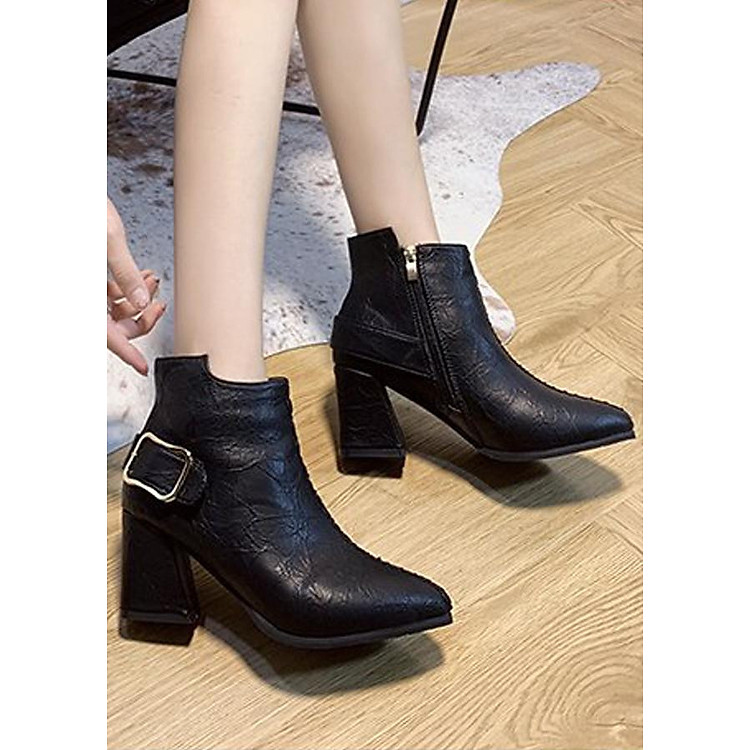 Giày boot nữ cổ trung,dễ phối thời trang, da pu mềm,gót vuông đi nhiều êm chân-0851