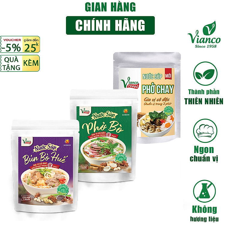 Combo 3 Gói Gia Vị Súp Cô Đặc Vị Phở Bò - Bún Bò Huế - Phở Chay gói 200ml Vianco Foods Tiện Lợi