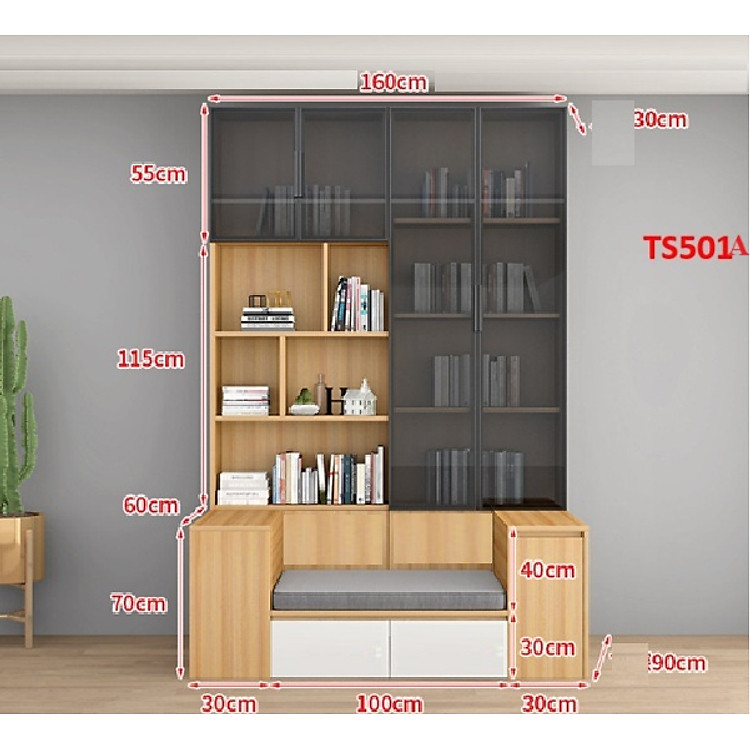 TỦ KỆ SÁCH CÁNH KÍNH KÈM GHẾ NGỒI TS501A - NỘI THẤT LẮP RÁP VIENDONGADV