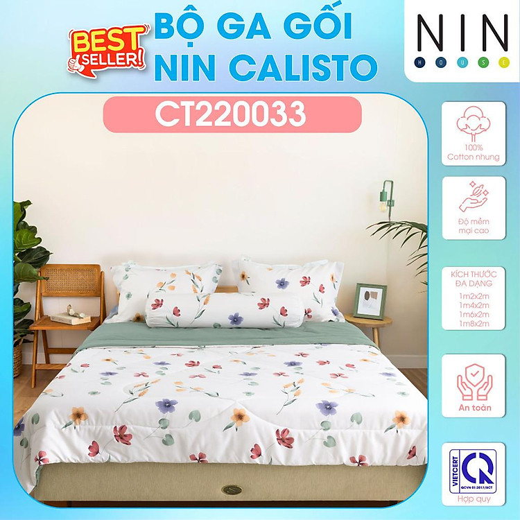 NEW 2024 Bộ 3,4 món drap cotton, áo gối NIN Calisto CT220033 1m2, 1m4, 1m6, 1m8 bọc nệm bo chun, cao cấp