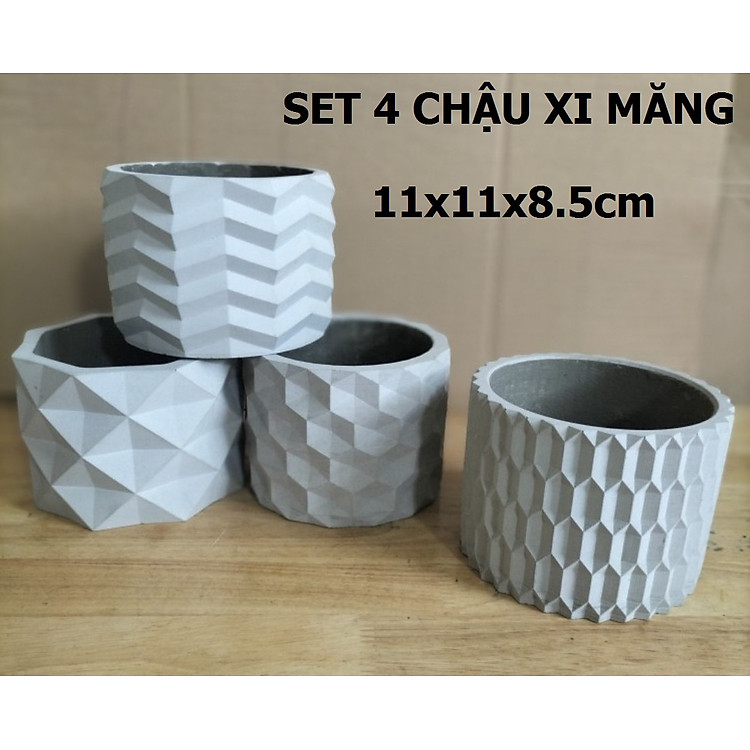 Combo 4 Chậu trồng sen đá, xương rồng bonsai cây cảnh bằng xi măng Origami hình trụ 15x11cm - Cement pots handmade Vintage / gift