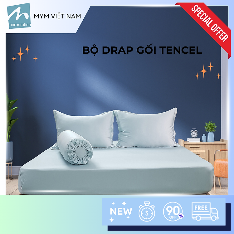 Bộ drap gối MYM Tencel màu (Set 1 vỏ gối nằm, 1 vỏ gối ôm, 1 ga chun) - 140CM x 200CM x 30CM