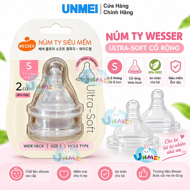 Núm ty silicone Wesser cổ rộng siêu mềm size S/M/L