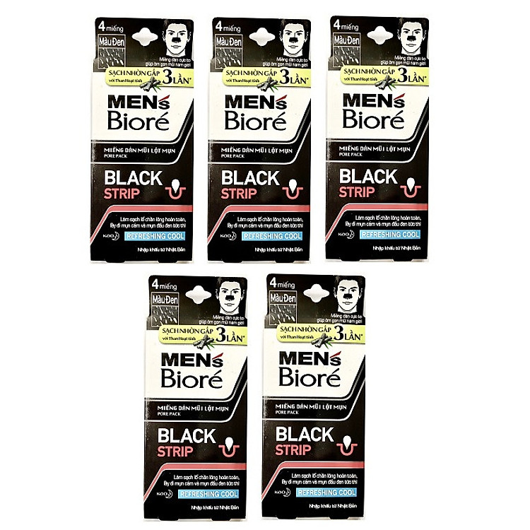 Combo 5 Hộp Miếng Dán Mũi Lột Mụn Than Hoạt Tính dành cho Nam - Men's Biore Pore Pack Black Strip REFRESHING COOL - 4 MIẾNG / HỘP X 5 HỘP
