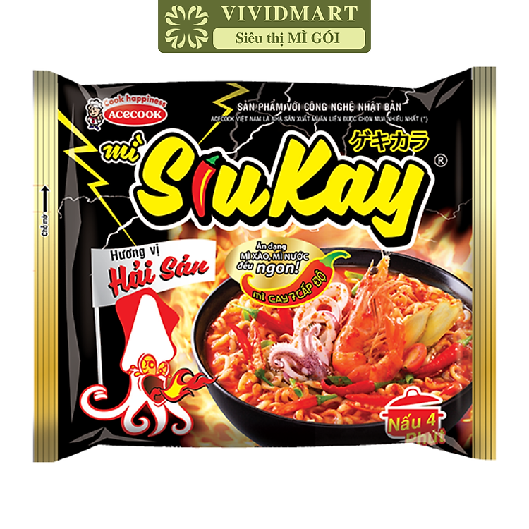 ACECOOK - Mì Siukay hương vị Hải sản, Siukay mì hải sản Siukay mì cay 7 cấp độ Siukay, Mì Siu Kay ăn liền (130g/gói)