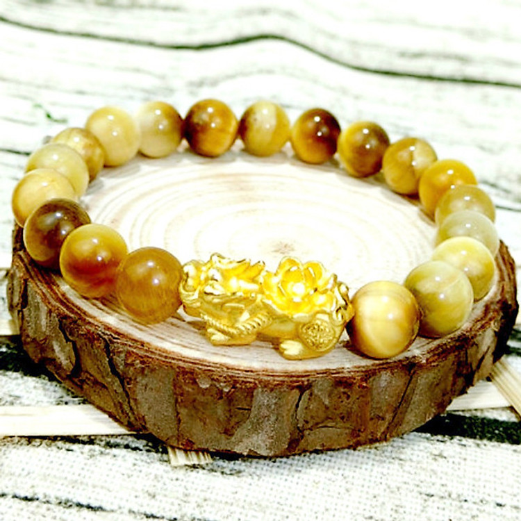 Vòng Tay Phong Thủy Mắt Hổ Ánh Trăng Tỳ Hưu Vàng 24 K - Hợp Mệnh Thổ , Kim - Tăng Vượng Khí - Chiêu Tài Bốn Phương