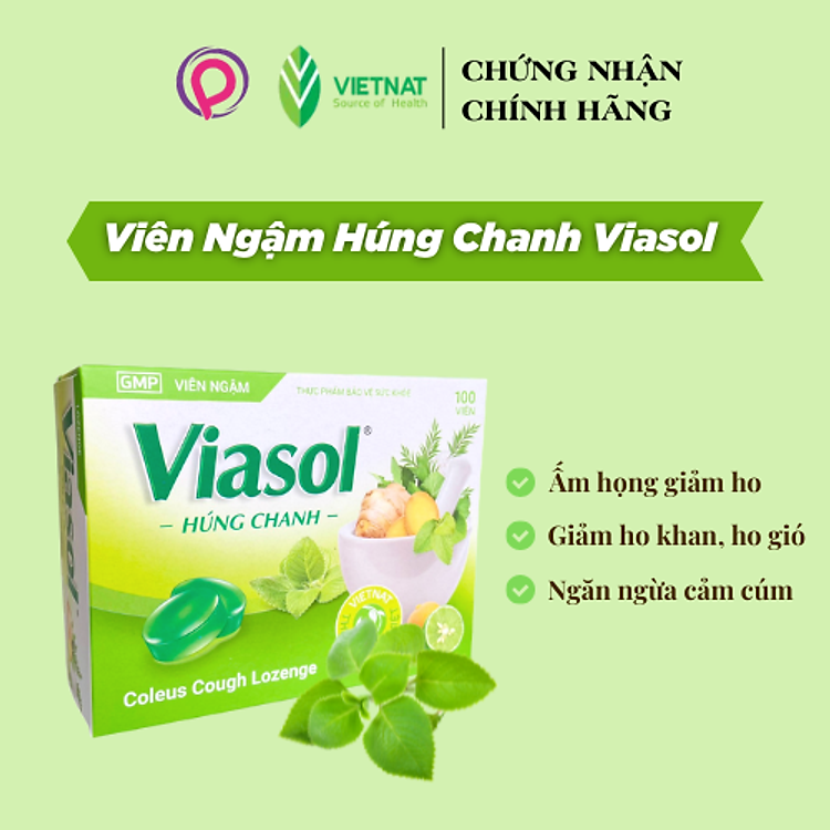 Kẹo ngậm Viasol húng chanh Vietnat giảm ho ấm họng - hộp 100 viên