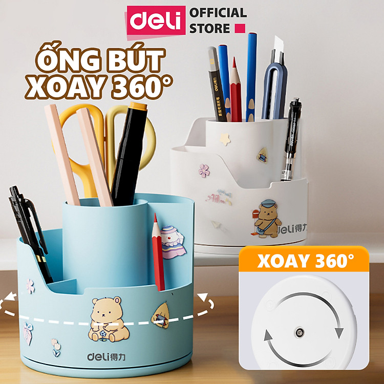 Ống Bút Xoay 360 Độ Deli - Hộp Đựng Bút Tròn Nhiều Ngăn Tích Hợp Giá Đỡ Điện Thoại - Ảnh 2