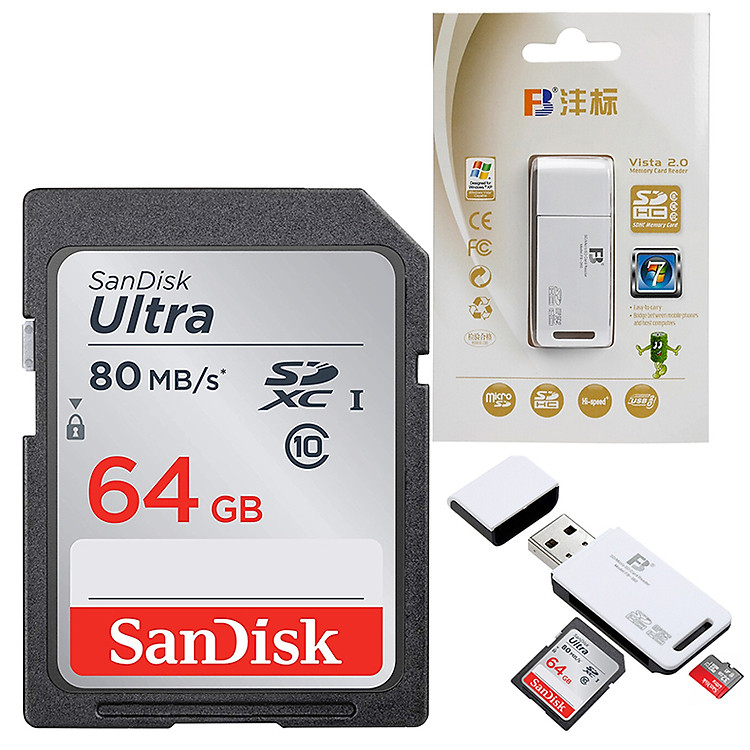 Thẻ Nhớ Máy Ảnh Sandisk 64GB SDHC Ultra 80Mb/s + Đầu Đọc Thẻ Đa Năng FB-360 (Hàng nhập khẩu)