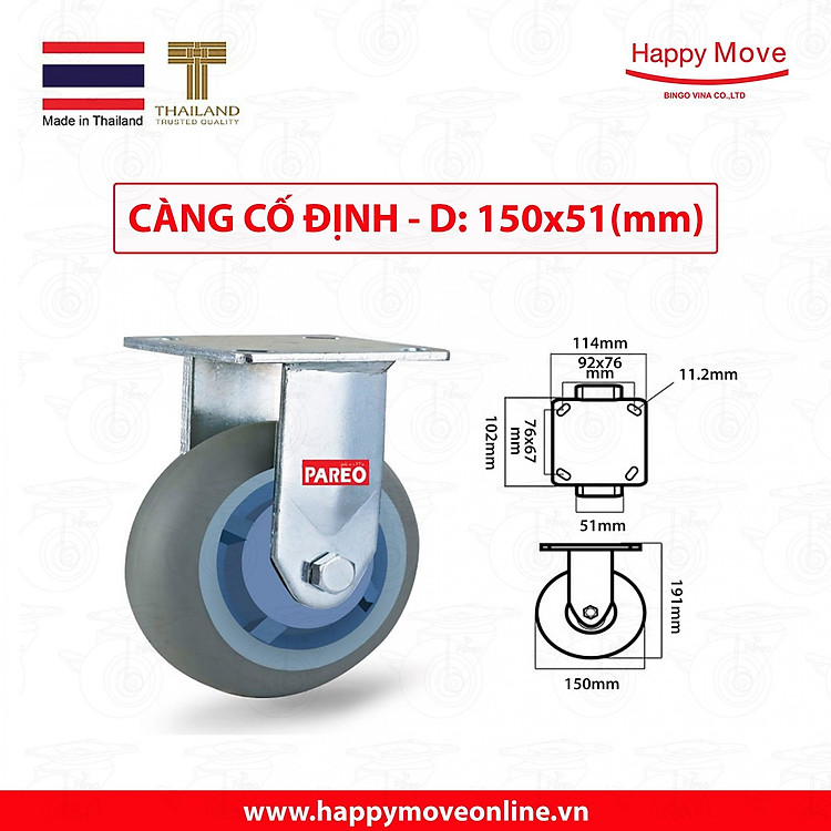 Bánh xe đẩy cao su xám tải nặng càng cố định - 150 - 200mm - Happy Move Thái Lan