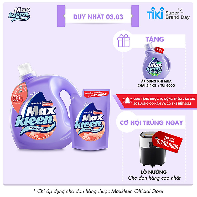 Combo Nước giặt xả Maxkleen Hương Cam sả: 1 Chai 2.4kg + 1 Túi 600g