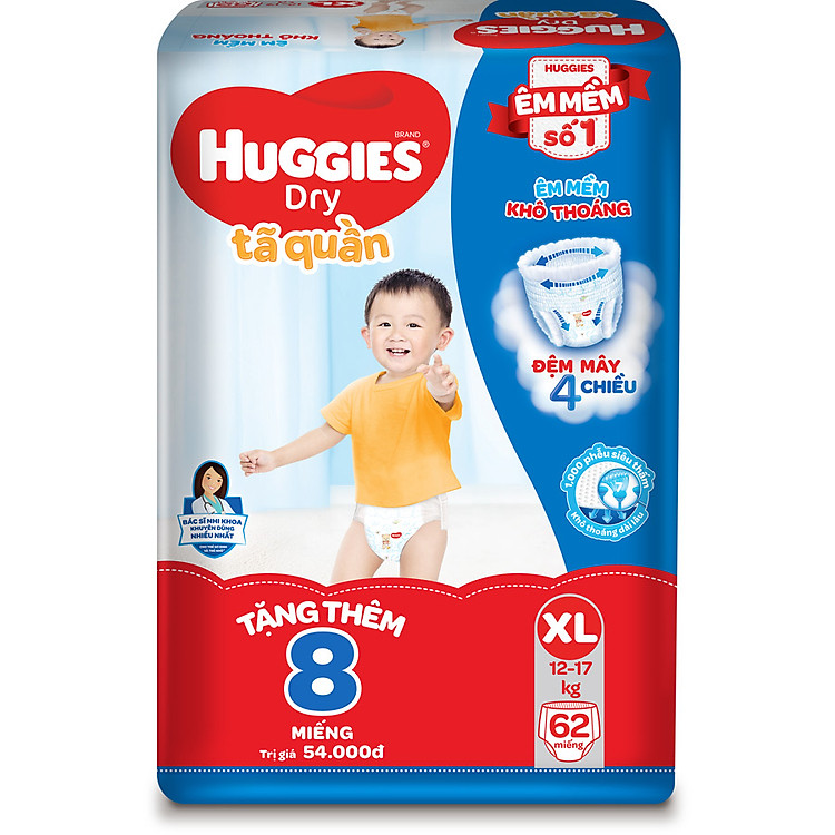Tã Quần Huggies Dry Gói Cực Đại XL62 (62 Miếng) - Tặng 8 Miếng