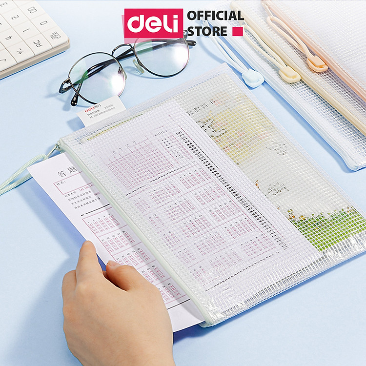 Túi lưới đựng đồ trong suốt đa năng A5 có khóa kéo tiện dụng Deli, Túi đựng Bút Viết, Túi đựng Mỹ Phẩm, Túi đựng Đồ dùng cá nhân đi du lịch - Túi sức chứa lớn, không để lại vết...