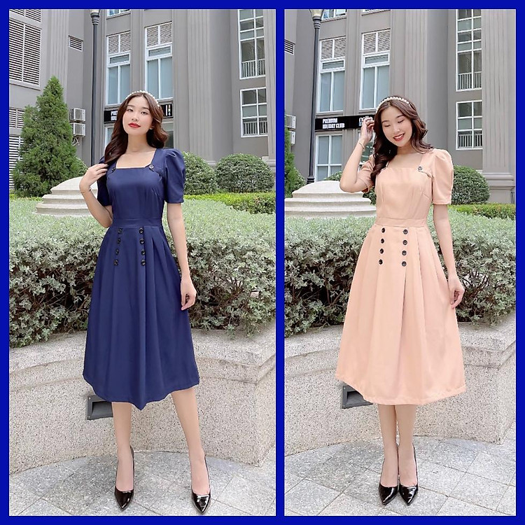 Đầm Kaki thun cổ vuông phối cúc eo xếp ly to phối cúc trước M2268