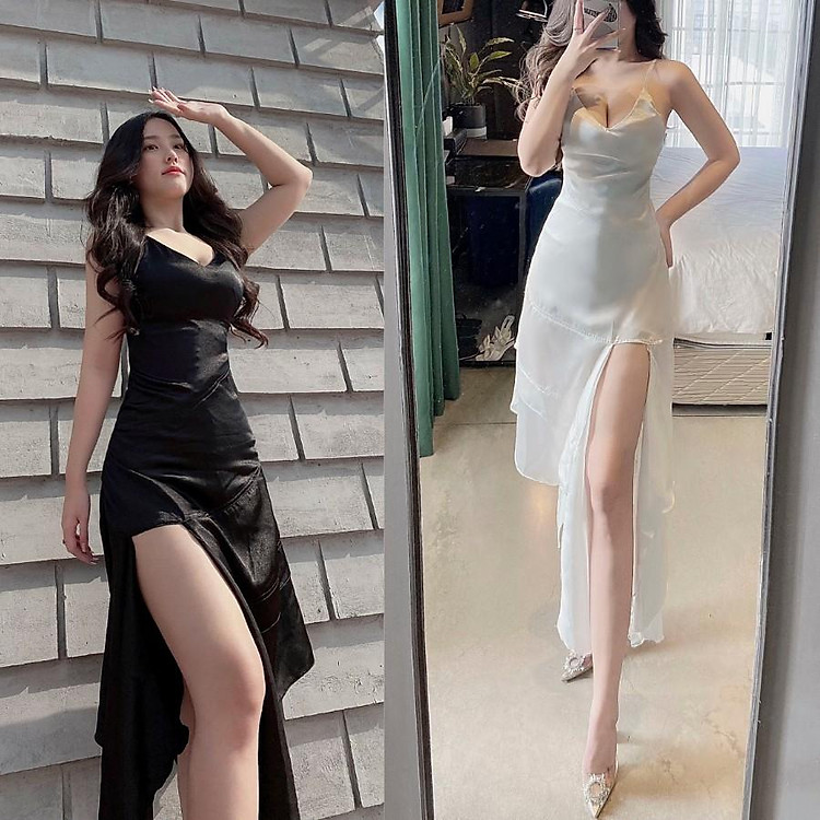 Đầm body lụa 2 dây thiết kế xẻ tà cao màu trắng và màu đen EXDT194 EXISTS BEAUTY