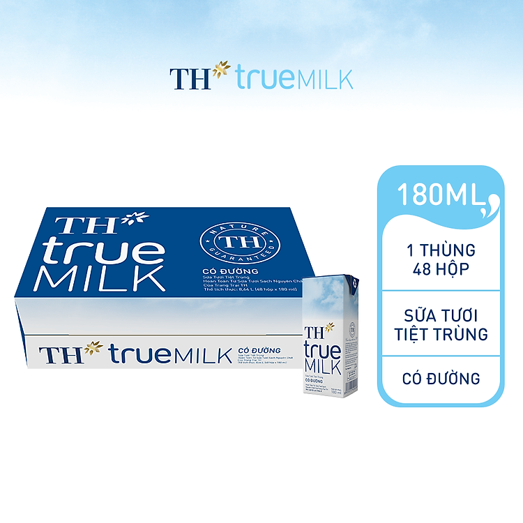 Thùng 48 hộp sữa tươi tiệt trùng TH true MILK có đường 180 ml (180 ml x 48)