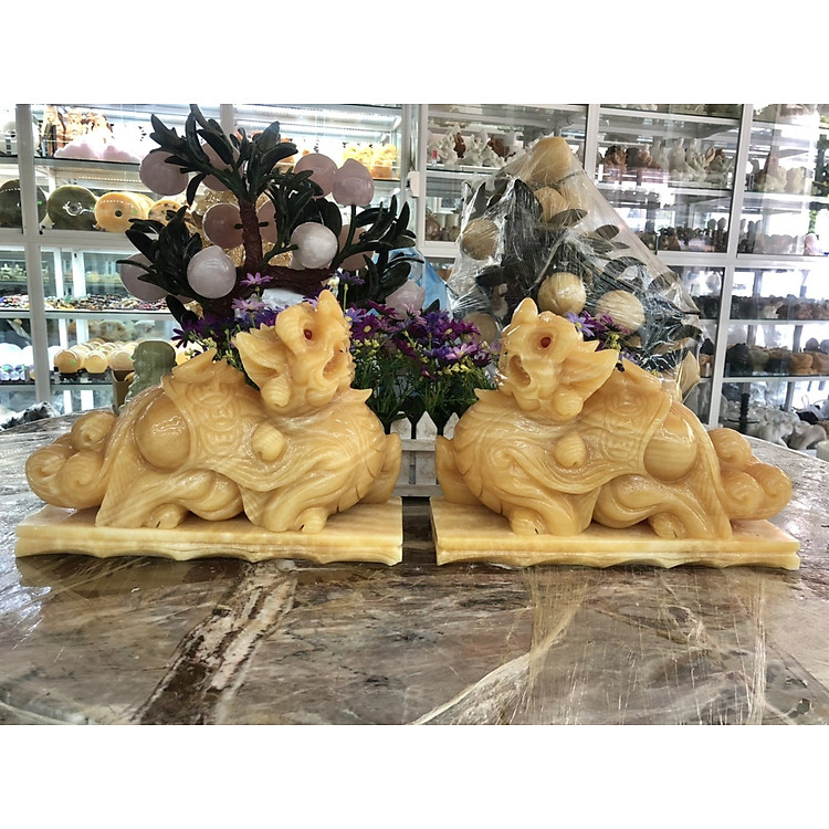 Cặp Tỳ Hưu phong thủy đá ngọc hoàng long có đế - Dài 30cm