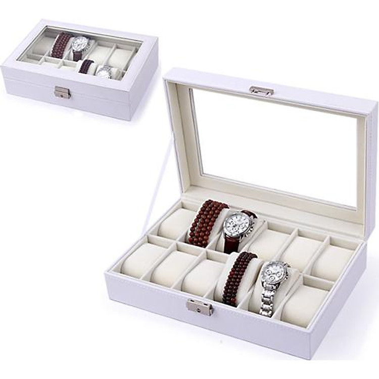 Hộp Đựng Đồng Hồ 12 Ngăn Vỏ Da Trắng - Mã 535
