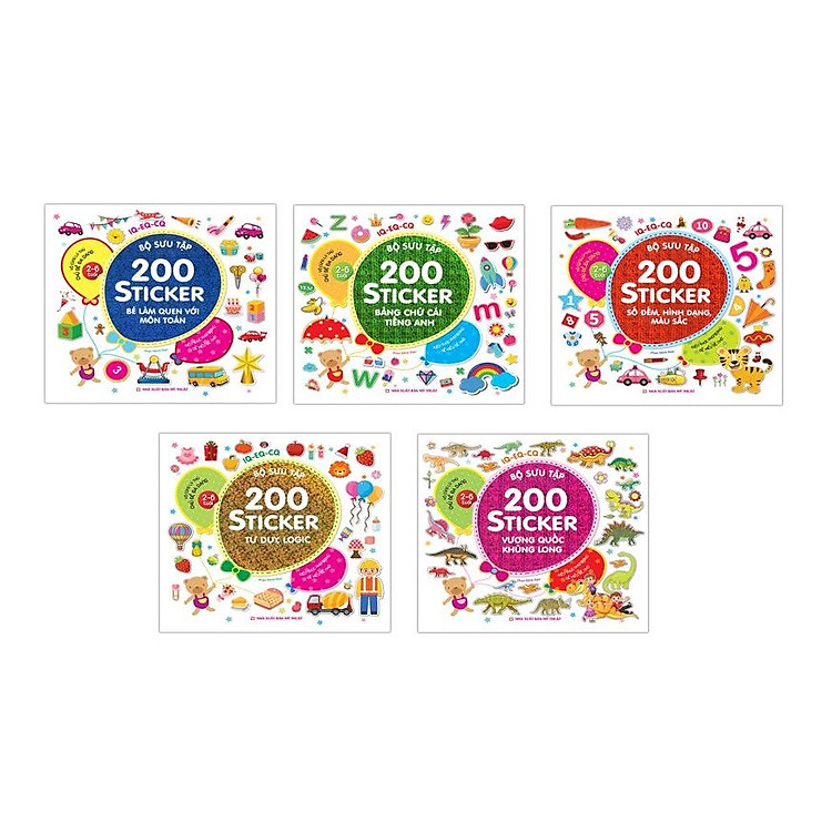 Sách - Combo 5 cuốn Bộ sưu tập 200 sticker Toán, số đếm, tư duy logic, vương quốc khủng long, chữ cái tiếng Anh