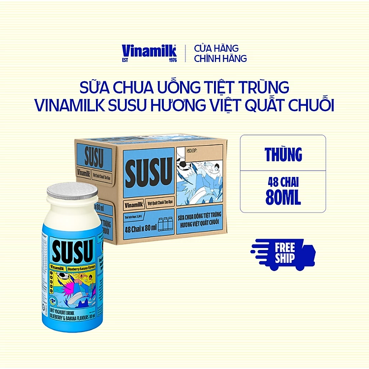 Thùng 48 Chai x 80ml Sữa Chua Uống Vinamilk Susu Hương Việt Quất Chuối