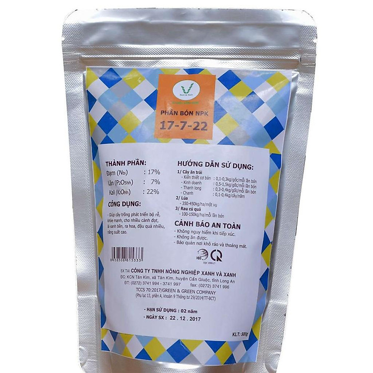 Phân bón NPK Xanh và Xanh 17-7-22, Chuyên Kích quả, tăng độ ngọt tự nhiên, thích hợp cho giai đoạn thu hoạch.