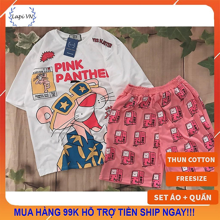 Set Đồ Bộ In Hình Chú Báo Hồng- the pink panther cartoon 3D Cute DB45-Lapi VN Áo+ Quần Đùi Vải Thun Cotton Thoáng Mát