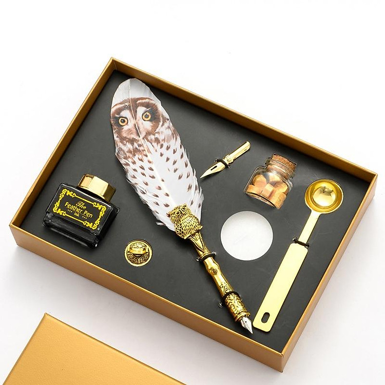 Bộ Bút Chấm Mực Gắn Lông Vũ Mặt Cú Kèm Phụ Kiện