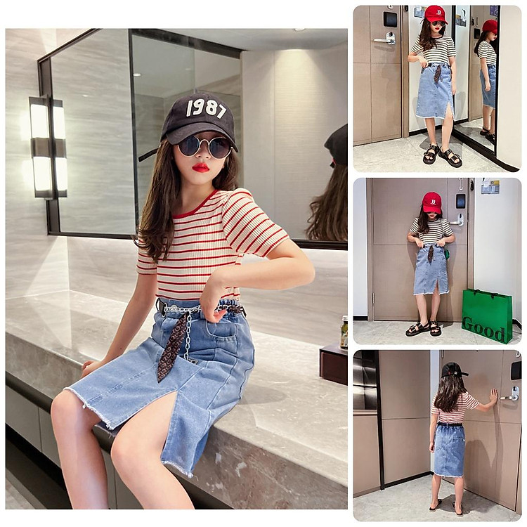 BV3 Size130-170 (25-45kg) Set bộ bé gái, áo thun chân váy jean Thời trang trẻ Em hàng quảng châu