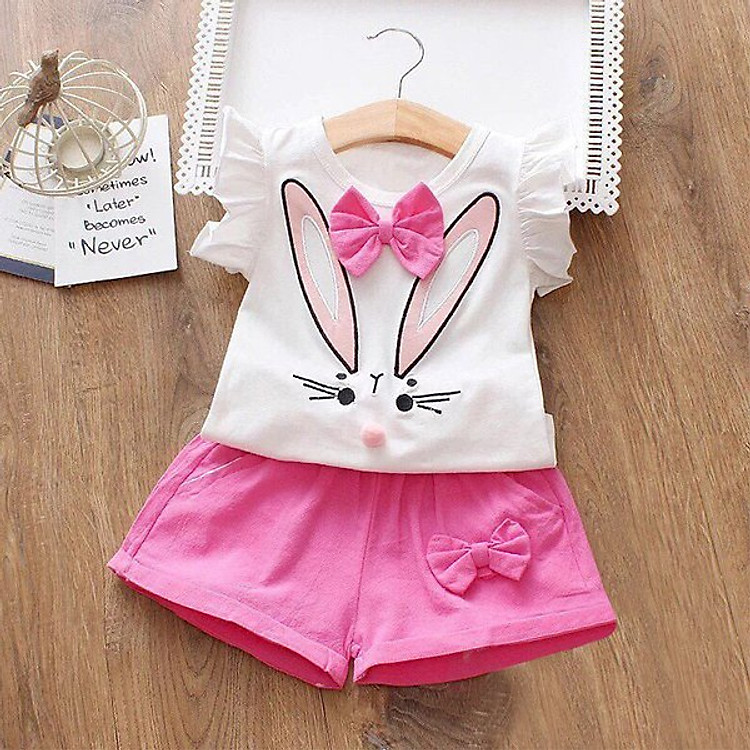 Bộ Quần Áo Tai Thỏ Hồng Trắng - Chất Cotton